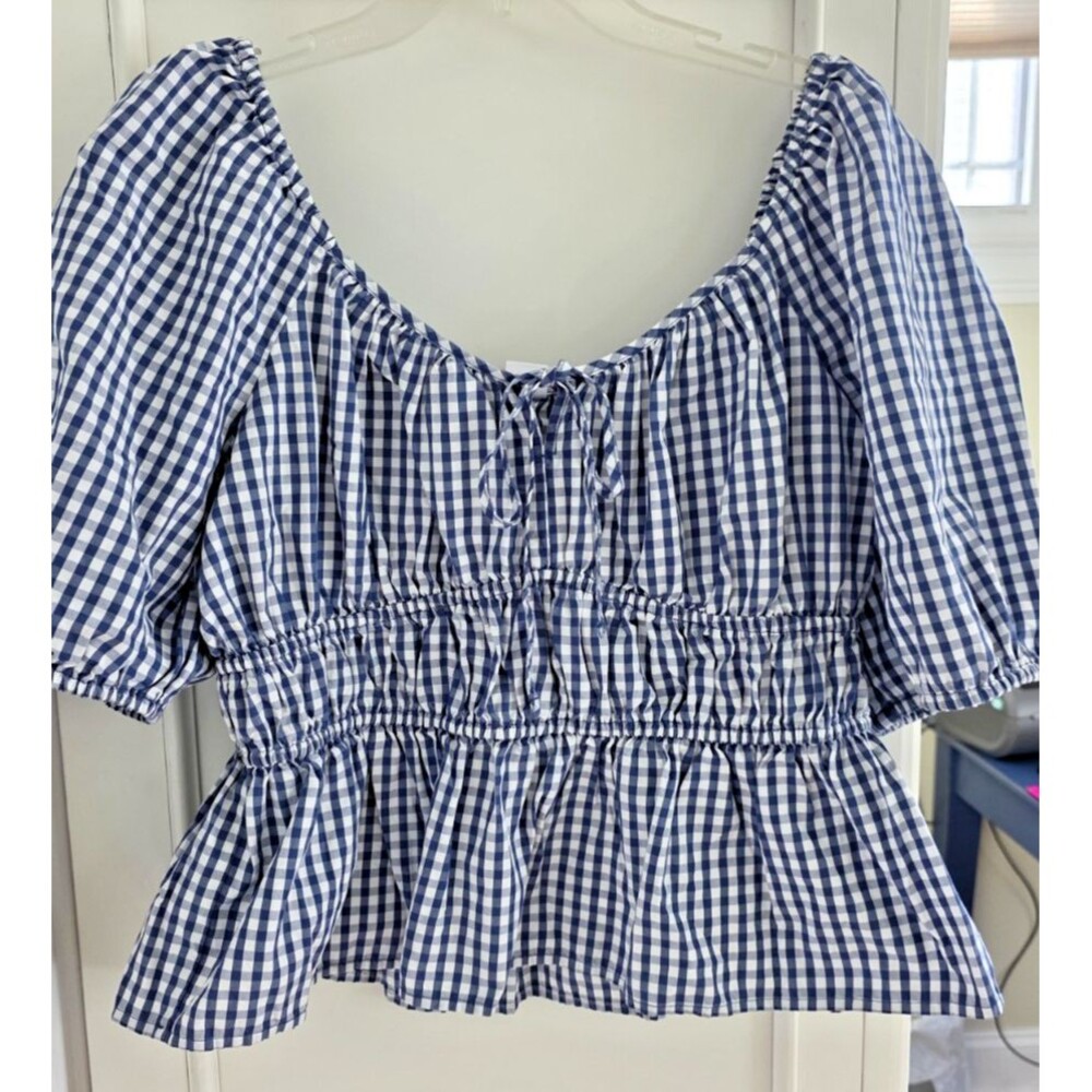 The Gap Women's Blue/White Gingham Smocked Peplum Hem And Puff Sleeves Size L